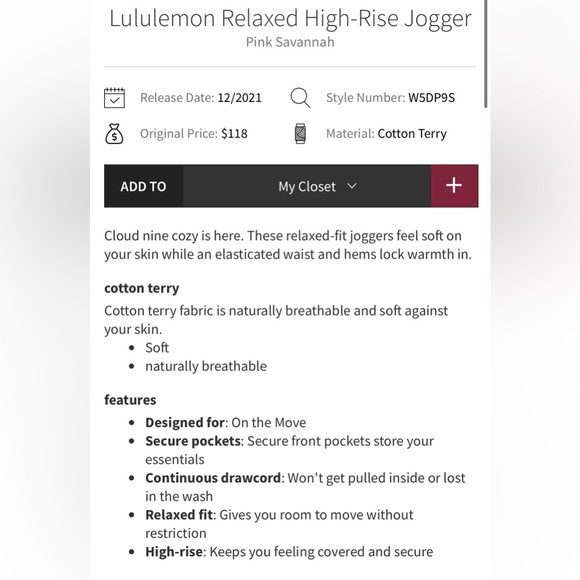 Lululemon Relaxed High Rise Cotton Joggers Pink Savannah Size 4 - Picture 5 of 14